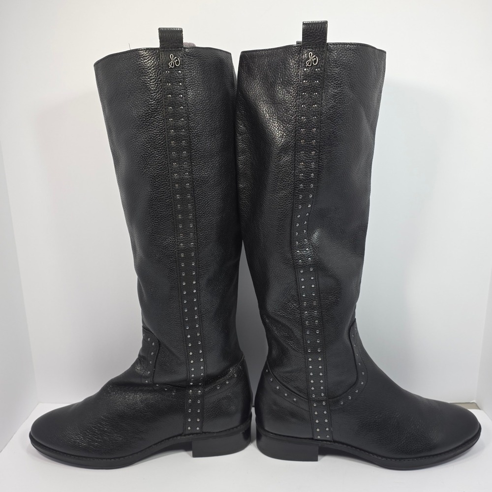 Sam Edelman Prina Studded Riding Boots 8.5 Black Pebbled Leather Knee High Moto